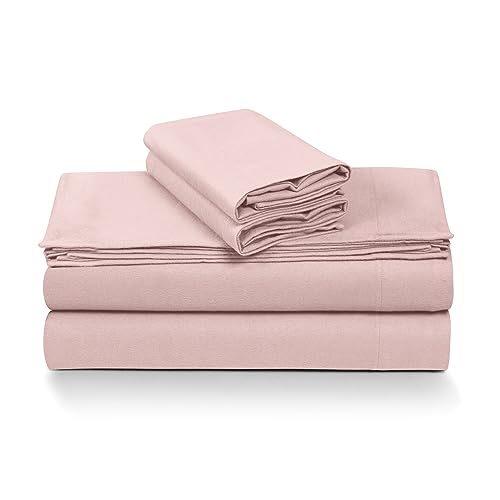 Tribeca Living Queen German Flannel Deep Pocket Bed Sheet Set, 200-GSM Heavyweight Cotton, 4-Piece Bedding Set, Light Pink.