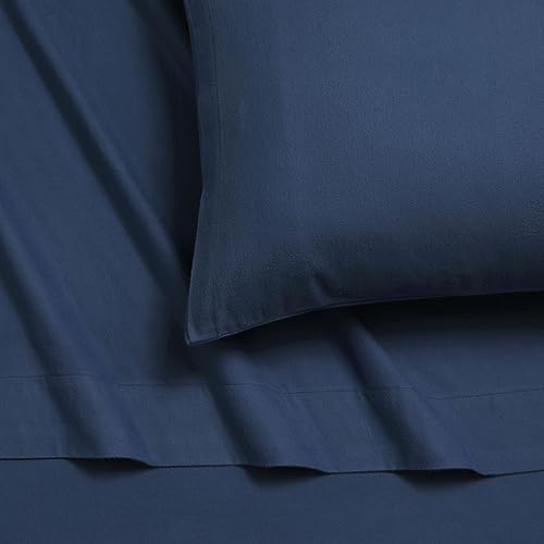 Tribeca Living Queen German Flannel Deep Pocket Bed Sheet Set, 200-GSM Heavyweight Cotton, 4-Piece Bedding Set, Mid Blue.