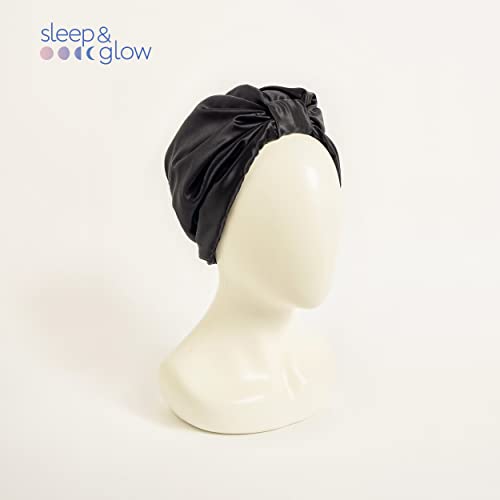 Sleep & Glow Silk Hair Turban Luxury Cap for Sleeping Double Layered 100% Natural Mulberry Silk Night Hair Bonnet for Healthy and Shiny Hair (Black).