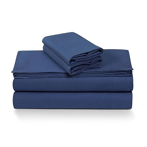 Tribeca Living Queen German Flannel Deep Pocket Bed Sheet Set, 200-GSM Heavyweight Cotton, 4-Piece Bedding Set, Mid Blue.