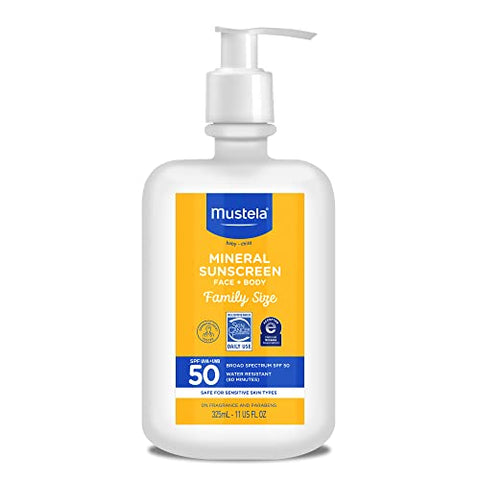 Mustela Baby Mineral Sunscreen Lotion SPF 50 Broad Spectrum - Face & Body Sun Lotion for Sensitive Skin - Water Resistant & Fragrance Free - Regular & Family Size