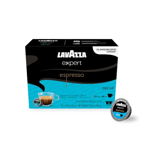 Lavazza Expert Espresso Decaf Coffee Capsules, Full-bodied, Medium Roast, Arabica, Robusta, notes of chocolate, Intensity 7 out of 13, Espresso Preparation, Blended and Roasted in Italy, (36 Capsules).