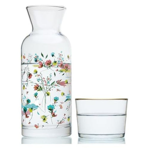 Bedside Water Carafe and Glass Set - Floral Pitcher with Cup for Nightstand - Vintage Mouthwash Water Decanter - All in One Hydration Experience - 23.66 oz.