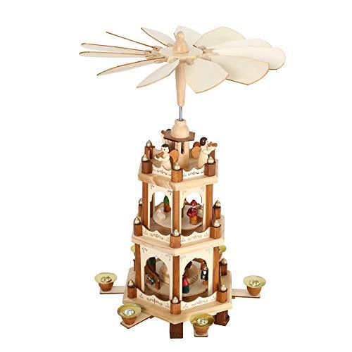 Wooden Christmas Pyramid Windmill Candle Holders - 3 Tiers Carousel- Hand Painted Nativity Figurines - Turning Wings (005-Natural)