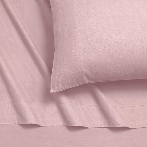 Tribeca Living Queen German Flannel Deep Pocket Bed Sheet Set, 200-GSM Heavyweight Cotton, 4-Piece Bedding Set, Light Pink.