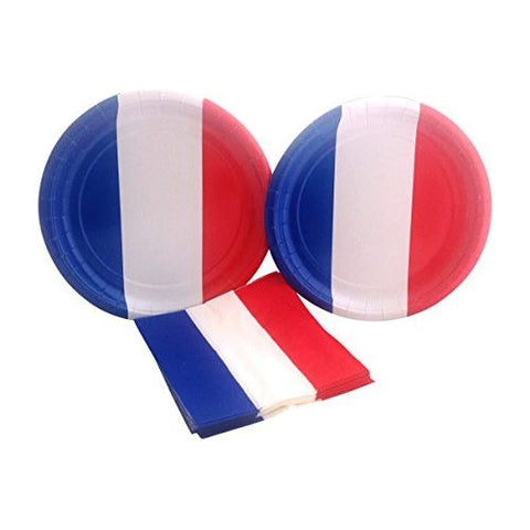French Flag Party Supply Bundle with Paper Plates and Napkins for 16 Guests.