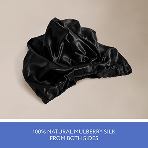 Sleep & Glow Silk Hair Turban Luxury Cap for Sleeping Double Layered 100% Natural Mulberry Silk Night Hair Bonnet for Healthy and Shiny Hair (Black).