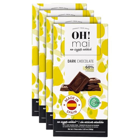 OH! Mai - Zero sugar Dark Chocolate Bar 60% Cocoa 3.52 oz -Gluten Free with Stevia, Healthy Snack, Fudge and Melt Candy, Made in Spain (Pack of 4)