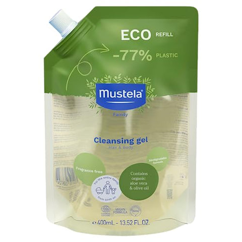 Mustela Certified Organic Eco-Refill Cleansing Gel - Natural Hair & Body Wash with Olive Oil & Aloe Vera - For Baby, Kid & Adult - Fragrance Free, Tear Free, Vegan & Biodegradable - 13.52 fl. oz.