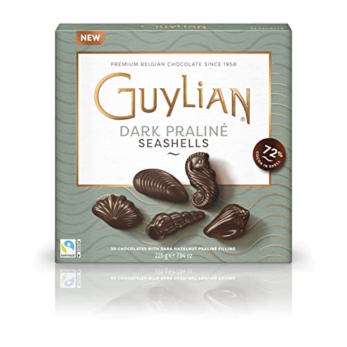 GuyLian Belgian Dark Chocolate Seashells 225g Gift Box (Pack of 1): Each Contains Twenty Pieces of Seashell-Shaped 72% Dark Chocolate with a Creamy Hazelnut Praliné Filling.