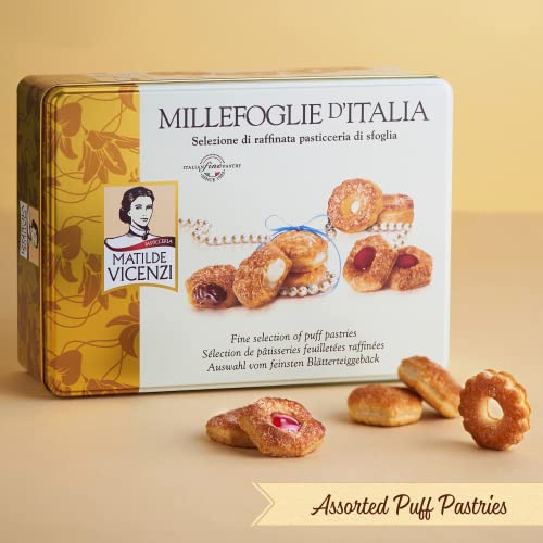 Matilde Vicenzi Millefoglie D'Italia Cookie Gift Tin, Imported Assortment Of Italian Butter Cookies & Crispy Tea/Coffee Crème Pastries, Individually Wrapped Tray Of Holiday Bakery Snacks, Kosher, 375g