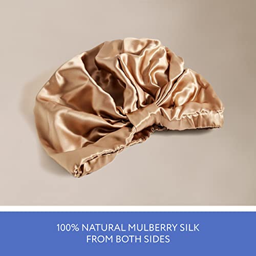 Sleep & Glow Silk Hair Turban Luxury Cap for Sleeping Double Layered 100% Natural Mulberry Silk Night Hair Bonnet for Healthy and Shiny Hair (Caramel).