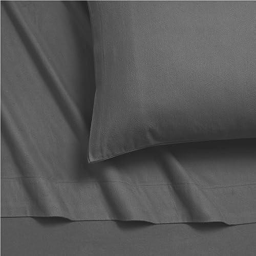 Tribeca Living King German Flannel Deep Pocket Bed Sheet Set, 200-GSM Heavyweight Cotton, 4-Piece Bedding Set, Grey/Wet Weather.