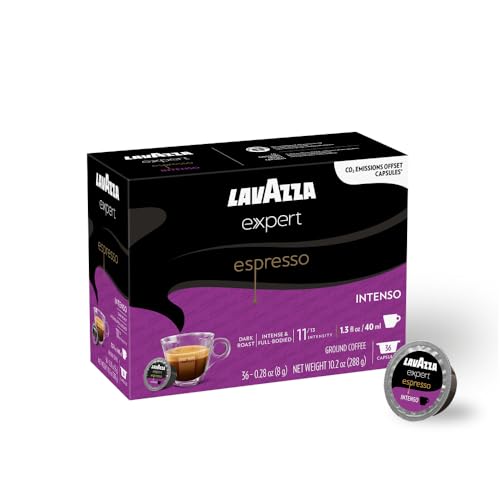 Lavazza Expert Espresso Intenso Coffee Capsules, Intense, Dark Roast, Arabica and Robusta, notes of dried fruit, Intensity 11 out 13, Espresso Preparation, Blended and Roasted in Italy, (36 Capsules).