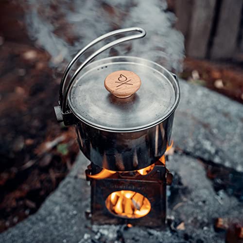 Überleben Kessel - Camping Kettle Pot with 37Fl Oz (1.1L) Capacity, Hanger Handle, Natural Hardwood Grip, Locking Lid, & Steam Vents - Available in Stainless Steel or Titanium - Includes Canvas Bag.