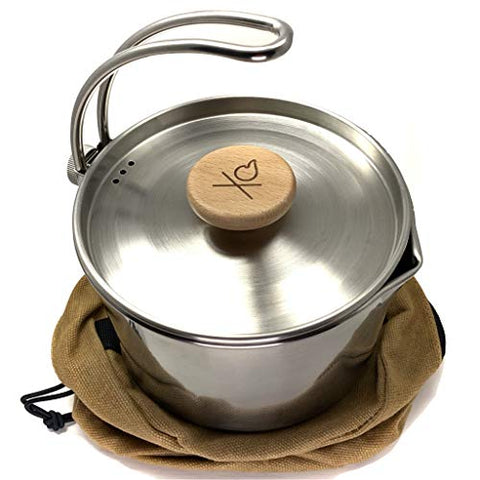 Überleben Kessel - Camping Kettle Pot with 37Fl Oz (1.1L) Capacity, Hanger Handle, Natural Hardwood Grip, Locking Lid, & Steam Vents - Available in Stainless Steel or Titanium - Includes Canvas Bag.