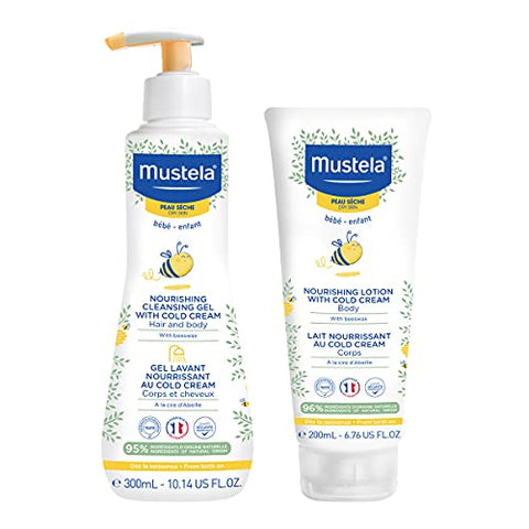 Mustela Baby Dry Skin Bath Time Gift Set - Baby Skin Care Essentials - with Natural Avocado & Cold Cream - 2 Items Set