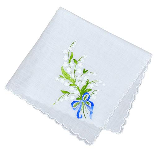 Wedding Something Blue European Handkerchief with Lily of The Valley Embroidery Heirloom Cotton Ladies
