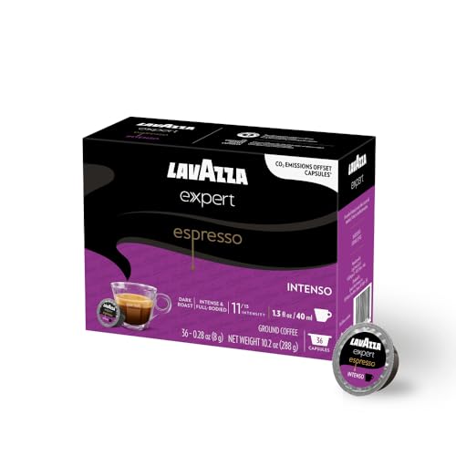 Lavazza Expert Espresso Intenso Coffee Capsules, Intense, Dark Roast, Arabica and Robusta, notes of dried fruit, Intensity 11 out 13, Espresso Preparation, Blended and Roasted in Italy, (36 Capsules).