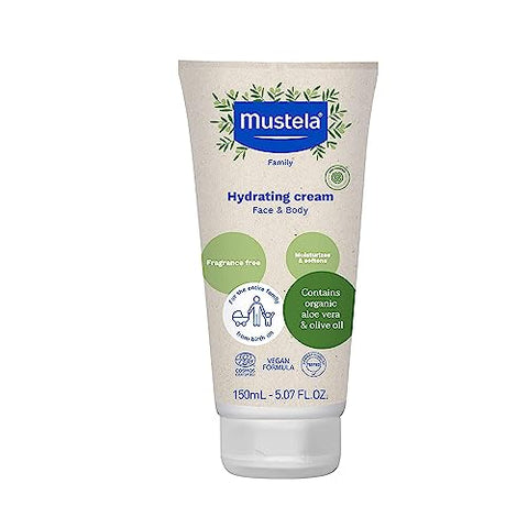Mustela Certified Organic Hydrating Cream - Natural Body Lotion w/ Olive Oil, Aloe Vera & Sunflower Oil - For Baby, Kid & Adult - Fragrance Free, EWG Verified & Vegan - 5.07 oz. - Packaging may vary