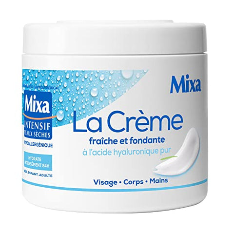 Mixa Intensive Dry Skin - Fresh and Melting Cream with Pure Hyaluronic Acid - Multi-Use Face, Body, Hands, Feet - 24h Hydration - Hypoallergenic - Jar 400ml