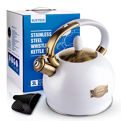 SUSTEAS Stove Top Whistling Tea Kettle - Food Grade Stainless Steel Teakettle Teapot with Cool Touch Ergonomic Handle,1 Free Silicone Pinch Mitt Included,2.64 Quart(WHITE)