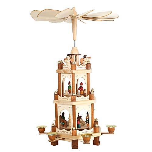 Wooden Christmas Pyramid Windmill Candle Holders - 3 Tiers Carousel- Hand Painted Nativity Figurines - Turning Wings (005-Natural)