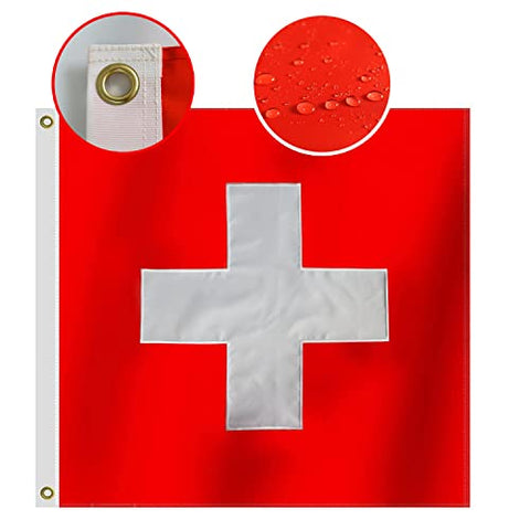 Heavy Duty Switzerland Flag 3x3 Ft, Longest Lasting Oxford Nylon 210D | Embroidered Cross | Four Rows Stitching Fly Ends|Swiss National Flags Decoration Gift Yard House Banner.