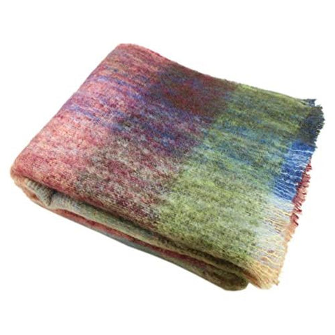 Genuine Irish Angora Mohair & Wool Throw Blanket Imported from Ireland, 72"x54" Inches, Traditional Celtic Style, Super Soft Feel & Warmth, Plaid Multicolor.