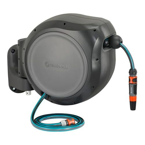 GARDENA 8055-81 (100') Wall Mounted Retractable Reel with Hose Guide, Automatic retraction for Easy Watering.