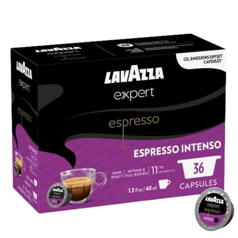 Lavazza Expert Espresso Intenso Coffee Capsules, Intense, Dark Roast, Arabica and Robusta, notes of dried fruit, Intensity 11 out 13, Espresso Preparation, Blended and Roasted in Italy, (36 Capsules)
