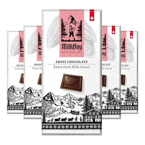 Milkboy Swiss Extra Dark Chocolates - 85% Cocoa, Made in Switzerland, Dairy Free, Vegan, Gluten-Free, Non-GMO, Kosher, Sustainably Farmed, European Chocolate - 3.5 oz, 5 Pack