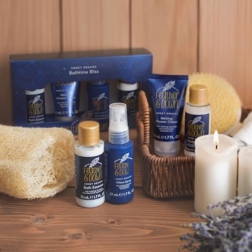 Feather & Down Bathtime Bliss Gift Set (Shower Cream, Pillow Spray, Bath Essence & Body Lotion) - With calming lavender & chamomile essential oils. Vegan Friendly & Cruelty Free.