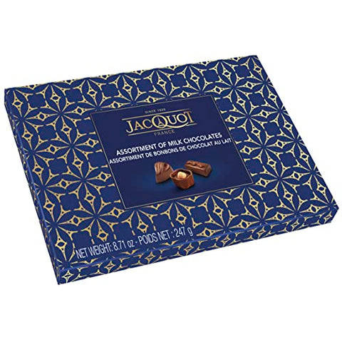 Jacquot Gourmet Premium Milk Chocolate Candies from France, Great as Birthday or Holiday Gift, 24 Piece Assortment in Blue & Gold Gift box 8.8 Ounce (Milk Chocolate Assortment).