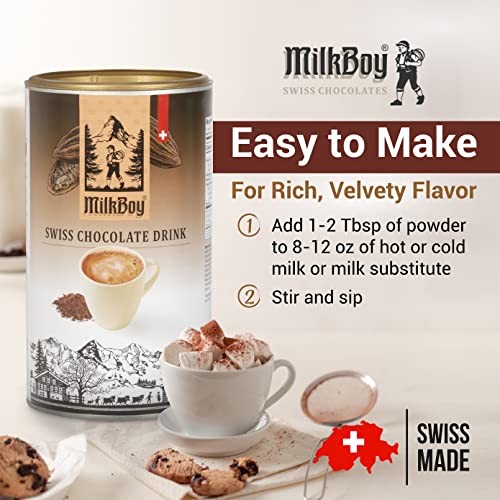 MilkBoy Gourmet Hot Chocolate Mix - Swiss Chocolate Drink for Cold or Hot Cocoa - Kosher, Vegan, and Gluten Free Hot Chocolate Mix Canister With 16 Servings, Rainforest Alliance Certified - 1 lb.