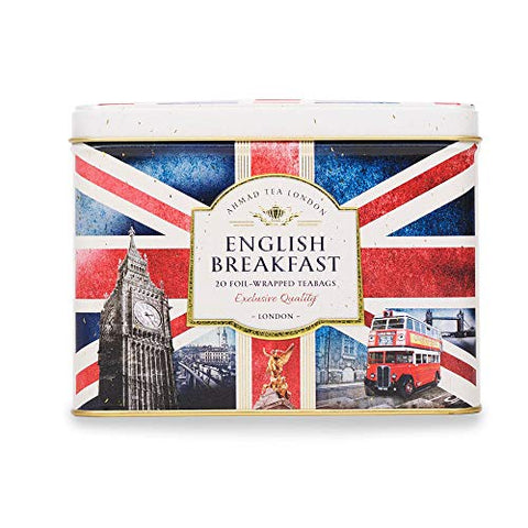 Ahmad Tea Black Tea, Nostalgic Britain Metal Caddy, English Breakfast Tea, 20 foil teabags - Caffeinated & Sugar-Free.