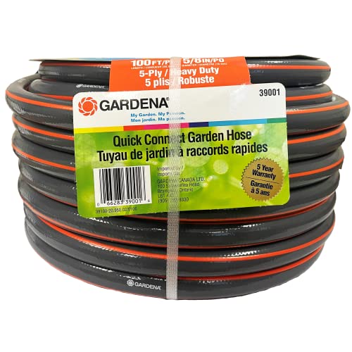 Gardena 39001 100 Foot 5/8 Inch Heavy-Duty Quick Connect Hose, Heavy-Duty 5-Ply Design, Includes Quick Connectors and Adadpters, Kink-Resistant.