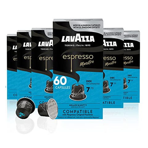 Lavazza Espresso Decaffeinated Dek Medium Roast Arabica & Robusta Aluminum Capsules Compatible with Nespresso Original Machines ,Value Pack, Round and well-balanced, Intensity 7 of 13, 10 Count (Pack of 6)