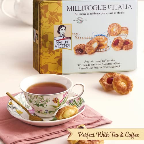Matilde Vicenzi Millefoglie D'Italia Cookie Gift Tin, Imported Assortment Of Italian Butter Cookies & Crispy Tea/Coffee Crème Pastries, Individually Wrapped Tray Of Holiday Bakery Snacks, Kosher, 375g