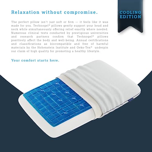 Technogel Thin Cooling Gel Pillow I Neck & Shoulder Pain Relief I Standard Relax Shape I Odorless Memory Foam Base I Cool Sleeping I Stomach & Back Sleepers I Washable Ventilated Cooled Cover.