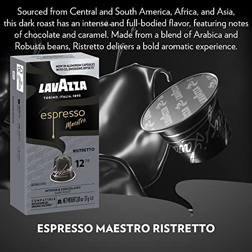 Lavazza Espresso Ristretto Dark Roast Arabica & Robusta Aluminum Capsules Compatible with Nespresso Original Machines (Pack of 60) ,Value Pack, Intense and full bodied, dark crema, Intensity 12 of 13.