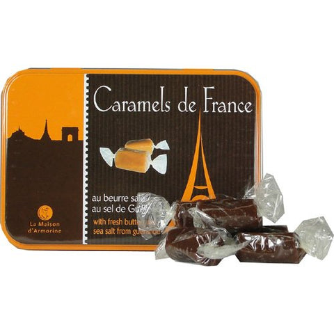 La Maison d'Armorine, Caramels de France au Beurre Sale au Sel de Guerande - Chocolat (French Sea Salted Tender Butter Caramels) in Small Collectors Eiffel Tower Tin, 5.3 Oz.