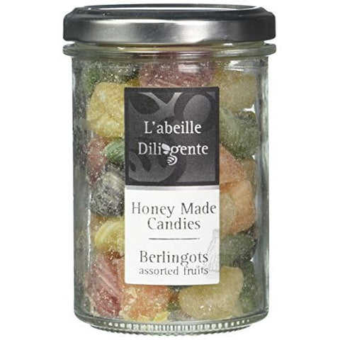 Abeille Diligente - Berlingot French Honey Candies, Assorted Fruit Flavors (Raspberry, Mint, Orange, Blackcurrant, Pear), 170g Jar