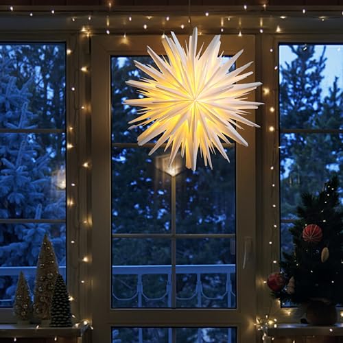 EANLOLY 3D LED Paper Star Lantern - Christmas Decorations Indoor, Twinkle Fairy Lights Window Decor, Holiday Party Hanging Lighted Stars Ornaments, 18&quot; Ø White