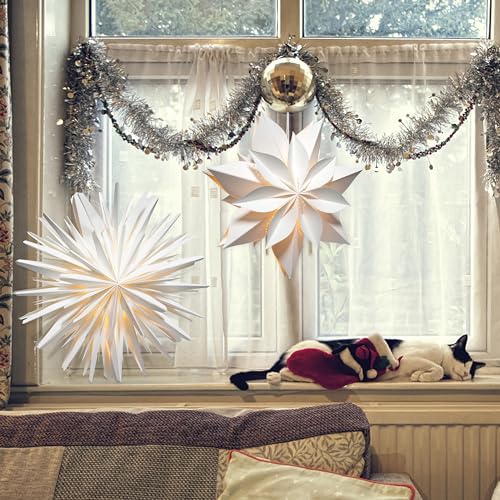 EANLOLY 3D LED Paper Star Lantern - Christmas Decorations Indoor, Twinkle Fairy Lights Window Decor, Holiday Party Hanging Lighted Stars Ornaments, 18&quot; Ø White