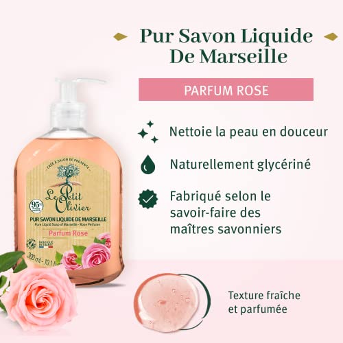 Le Petit Olivier Pure Marseille Liquid Soap - Rose Perfume - Gently Cleanses Skin - Delicately Perfumed - Vegetable Origin Based - 10.1 oz