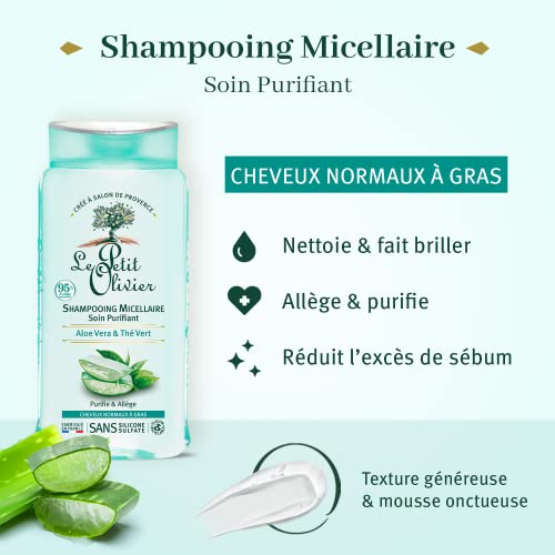 Le Petit Olivier Purifying Micellar Shampoo - Aloe Vera And Green Tea - Cleanses Hair - Reduce Excess Sebum - Suitable For Normal To Oily Hair - Free Of Silicones - 8.45 Oz