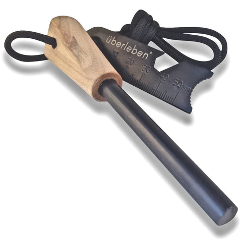 überleben Zünden Fire Starter - The Pro - Traditional Ferro Rod with Handcrafted Wood Handle - 3/8" Thick Fire Steel with 15,000 Strikes - Survival Igniter with Neck Lanyard & Multi-Tool Striker.