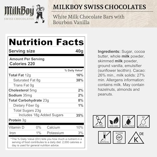 Milkboy Swiss White Chocolate Bars - Gourmet Bourbon Vanilla Chocolate Bars - Made with Pure Natural Vanilla - White Premium - Gluten Free - Non-GMO - Kosher - 3.5oz 5 Packs.