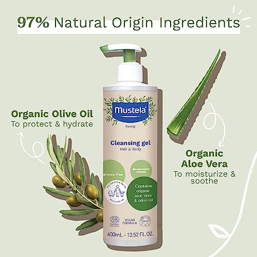 Mustela Certified Organic Cleansing Gel - Natural Hair & Body Wash w/ Olive Oil & Aloe Vera - For Baby, Kid & Adult - Fragrance Free, Tear Free, Vegan & Biodegradable - 13.52 oz. - Packaging may vary